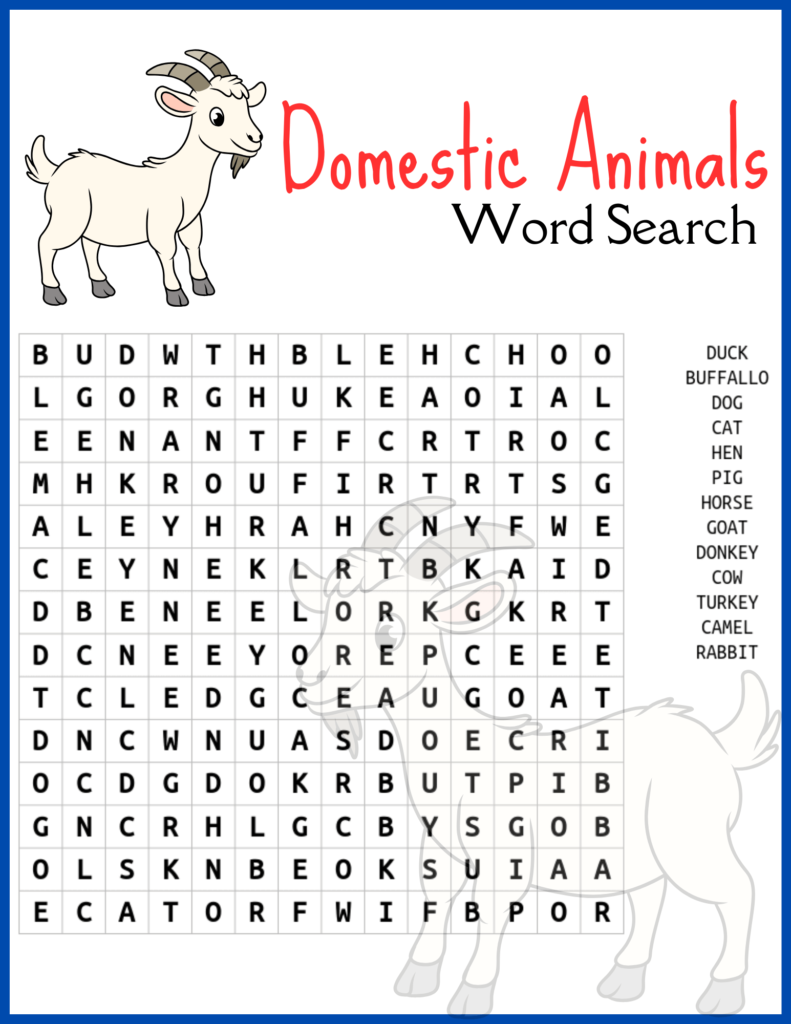 word search domestic animals